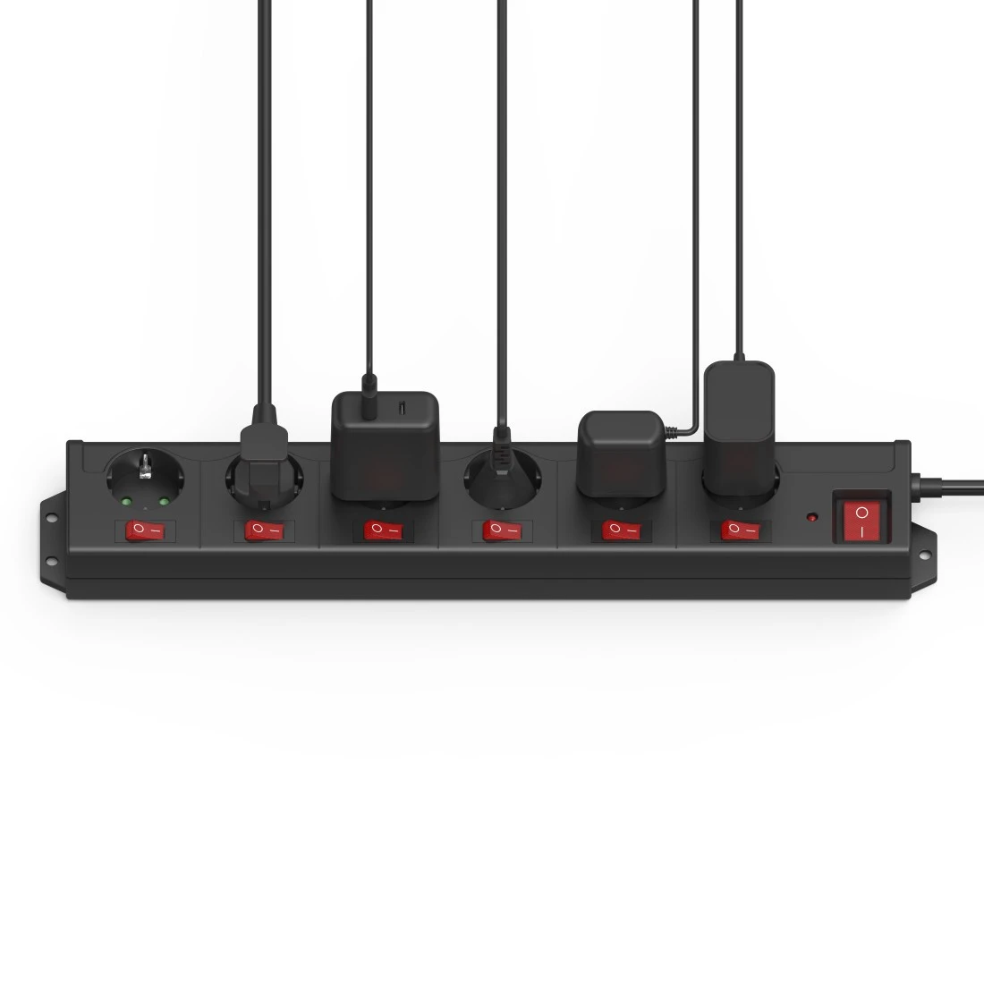 Regleta 6+1, XL, 6 tomas, con interruptores individuales, negro