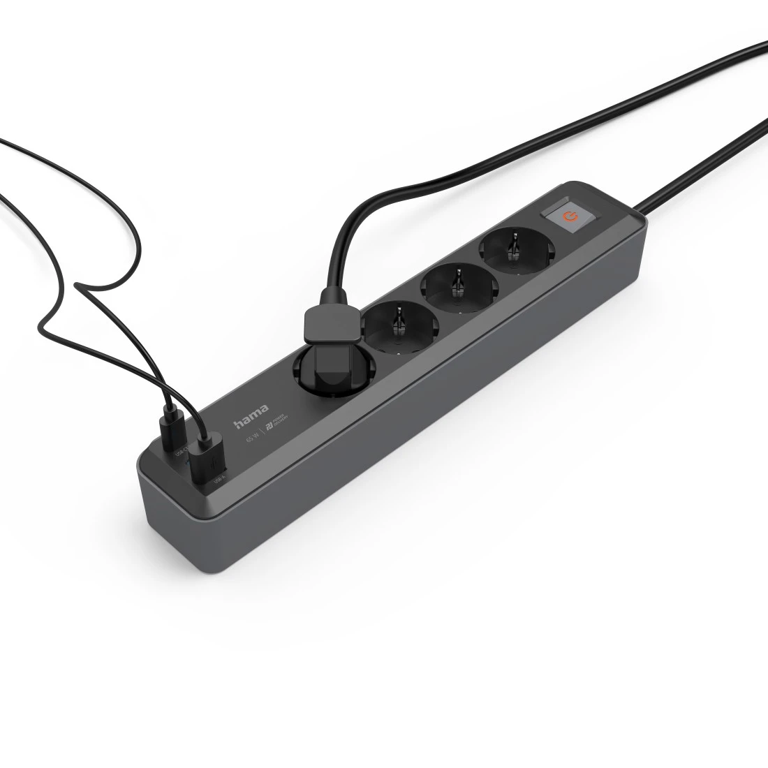 Regleta de enchufes, 4 Tom, USB-C/A 65 W, PD, interruptor, 1,4 m, negro/gr