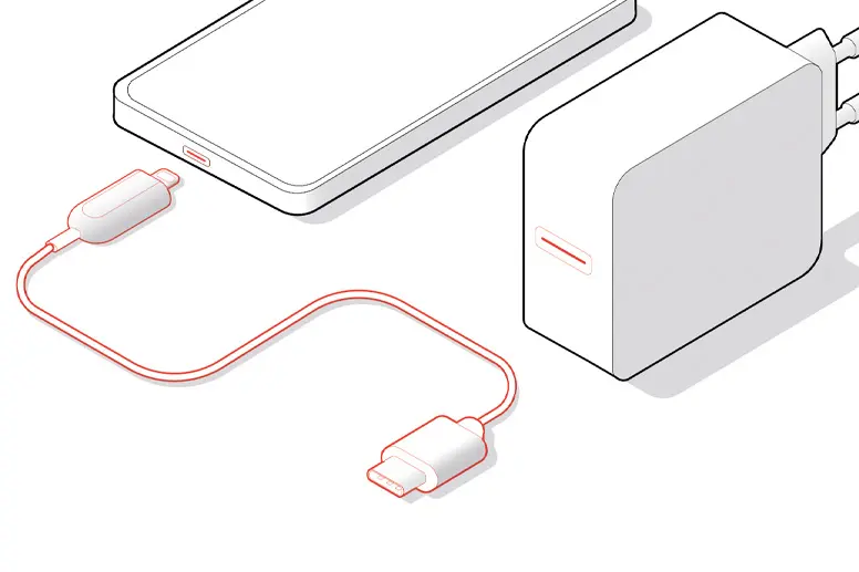 iPhone con cable USB-C a Lightning y un cargador con Power Delivery con conexión USB-C.