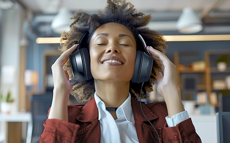 Una joven lleva auriculares de botón y escucha música de buen humor.