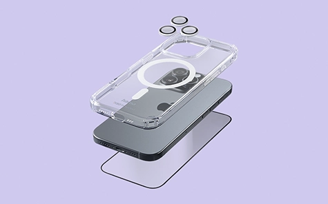 Detailed image of different layerings for phone protection: cam protect glas, case and display screen glass