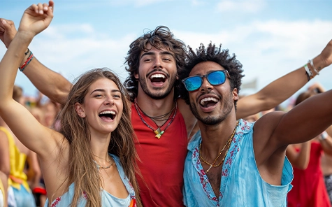 Tres amigos en un festival levantan los brazos y celebran la música.