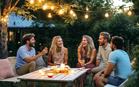 Los amigos celebran una acogedora fiesta en el jardín de casa y disfrutan del verano.