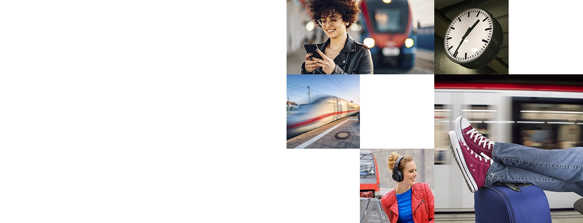 Imagen con varias escenas de trenes. Mujer de pie en el andén y sonriendo a su smartphone, un tren ICE saliendo rápidamente de la estación, una mujer esperando en el andén y escuchando música a través de sus auriculares.