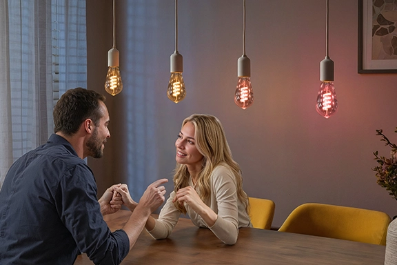 Una pareja se sienta en una mesa de comedor de madera y se mira a los ojos enamorada. Sobre ellos, las lámparas LED inteligentes de Hama proporcionan una luz agradable.<br>