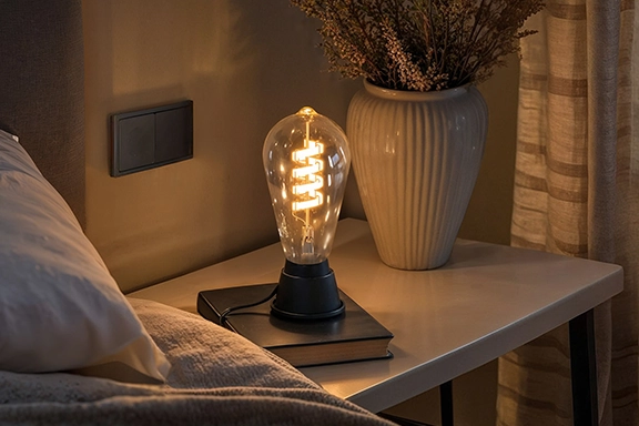 El LED inteligente de Hama se coloca en una mesilla junto a la cama y emite una agradable luz blanca cálida.<br>
