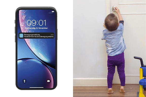 La imagen está dividida en dos partes. A la izquierda, un primer plano de un smartphone que recibe una notificación push de la aplicación doméstica inteligente sobre detección de movimiento. A la derecha, un niño pequeño agarra la manilla de una puer