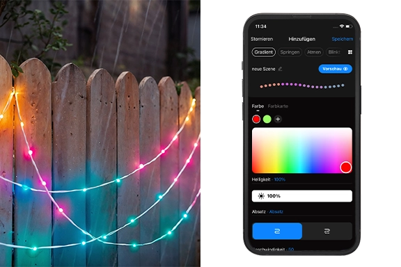 La parte izquierda muestra una valla de madera con las luces LED inteligentes colgando. La parte derecha muestra un smartphone con la aplicación smart home abierta, que se utiliza para controlar las luces de hadas.<br>