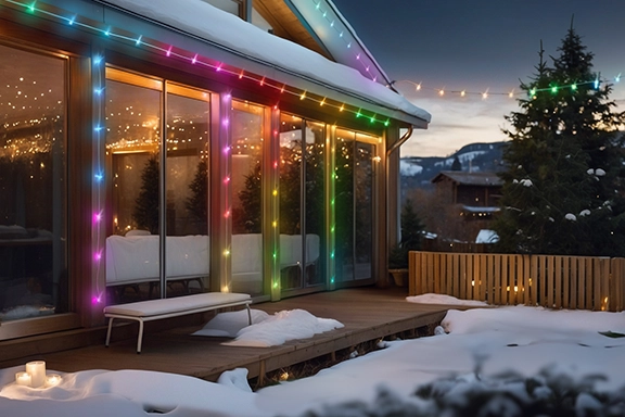En el jardín nevado, la elegante cadena de luces LED de Hama se fija al techo de madera de un invernadero.<br>