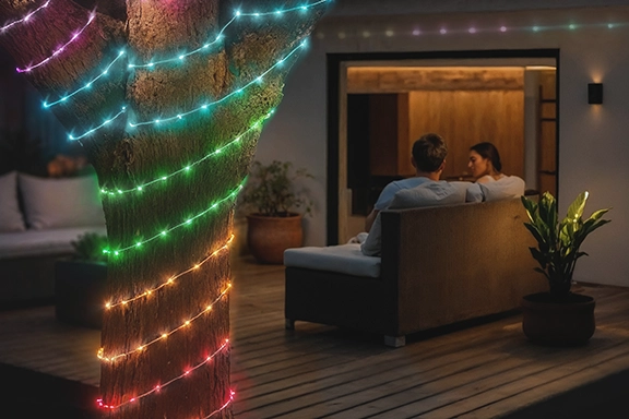 En el jardín, la cadena de luces LED inteligentes de Hama se enrolla alrededor del tronco de un árbol. Al fondo, una cadena de luces cuelga a lo largo de una pared de la casa, encima de la puerta del patio. Una pareja está sentada en el sofá charland